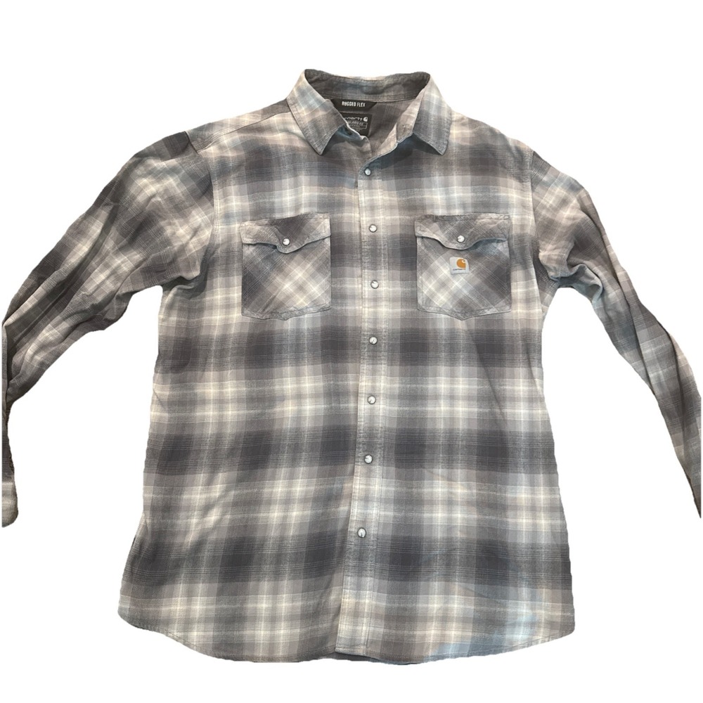 Carhartt Pearl Snap Shirt Mens XLT Relaxed Rugged Flex Gray White Flexible Tall